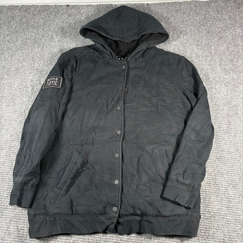Fox Racing Moto-X Hooded Jacket Mens L Black Good Sherpa Lined Snap Front